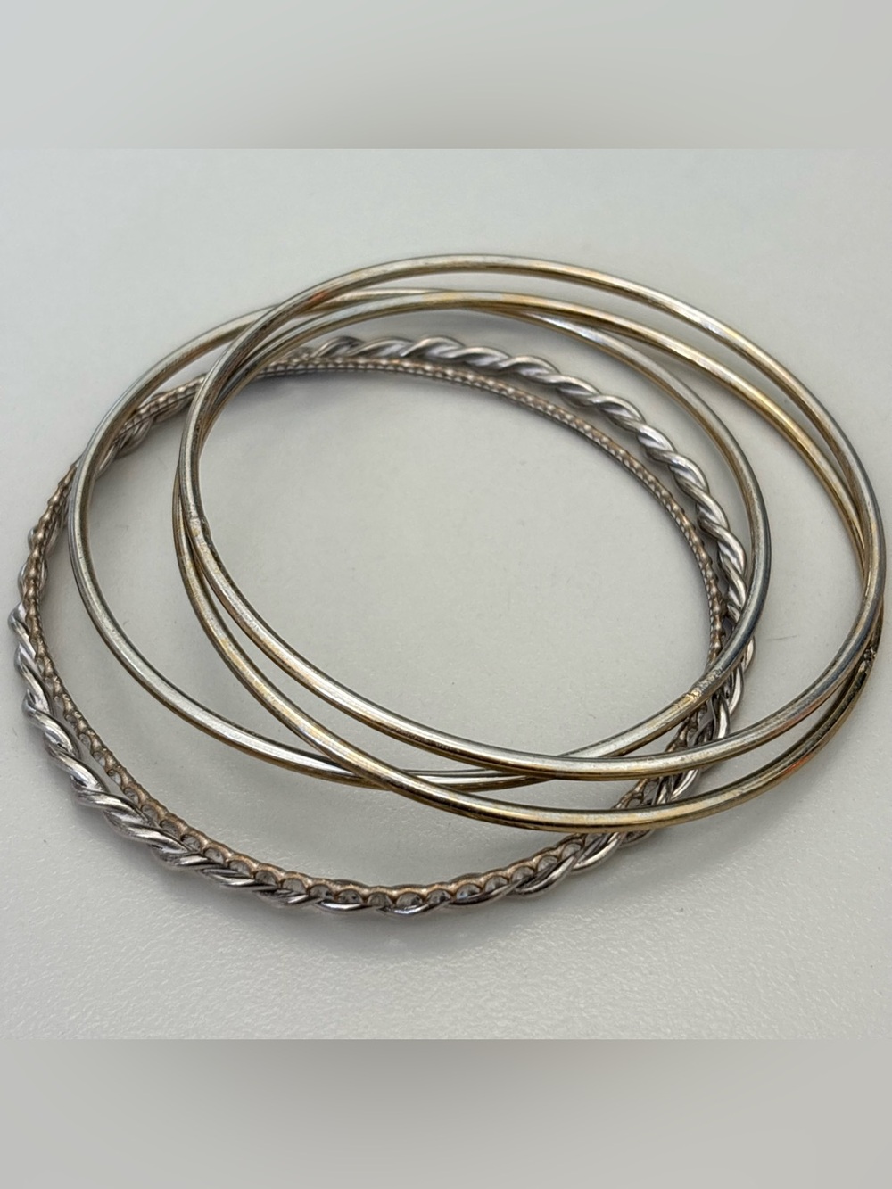 Vintage Silver Tone Bangle Bracelet Stack Set Twisted Minimalist Boho